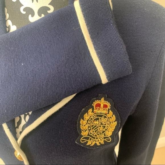 VTG LAUREN RALPH LAUREN Womens Merino Wool Cardi Jacket size M Navy Gold Crest. - Picture 4 of 16